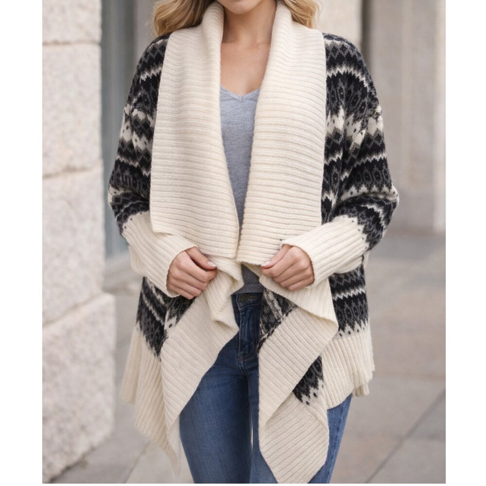 Dex Fair Isle Cardigan M Cream Black Draped Open Front Cozy Boho